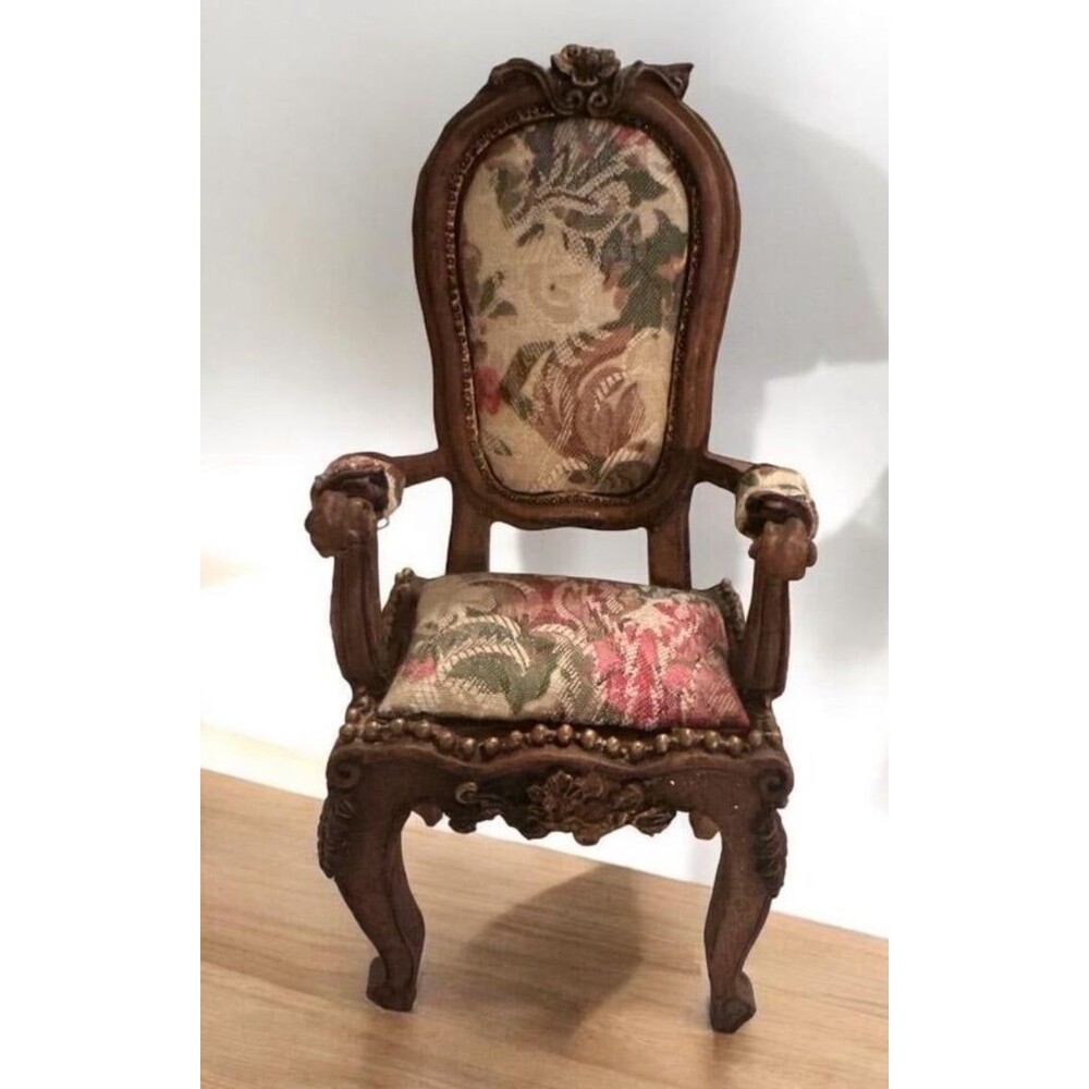 Miniature Wooden Armchair, Shabby Aubusson Louis 15th style French1:12th scale